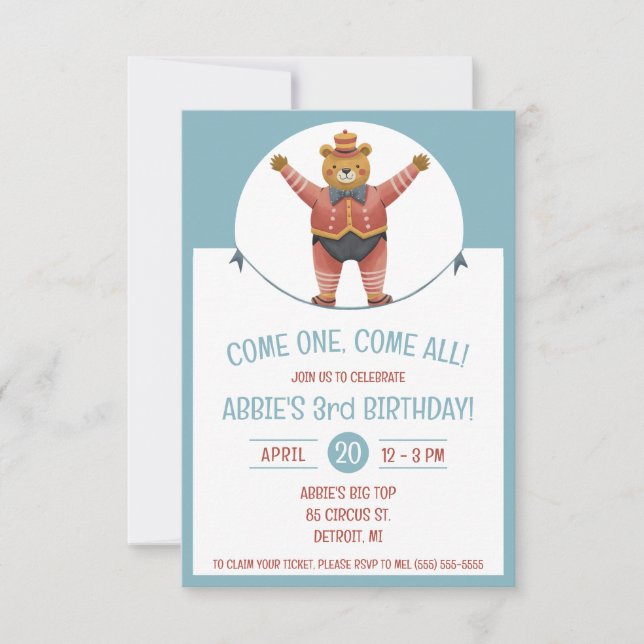 Komm eins, komm alle! Circus Bear Birthday Party Einladung (Vorderseite)