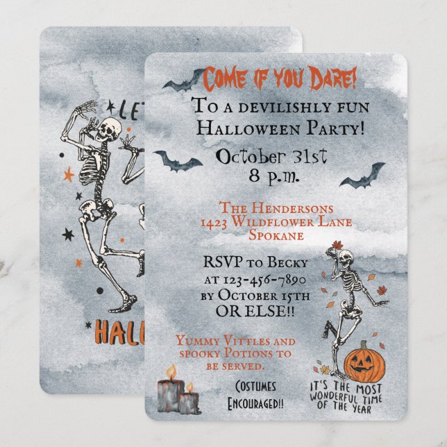 Komm, wenn du es wagst, Skelette-Halloween-Party z Einladung (Vorne/Hinten)