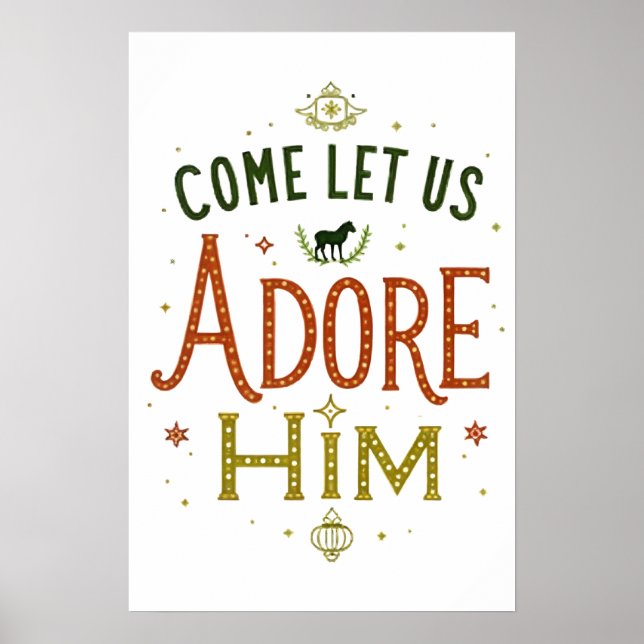 Kommen Sie Lass uns Adore Ihm Weihnachtswall Art Poster (Vorne)
