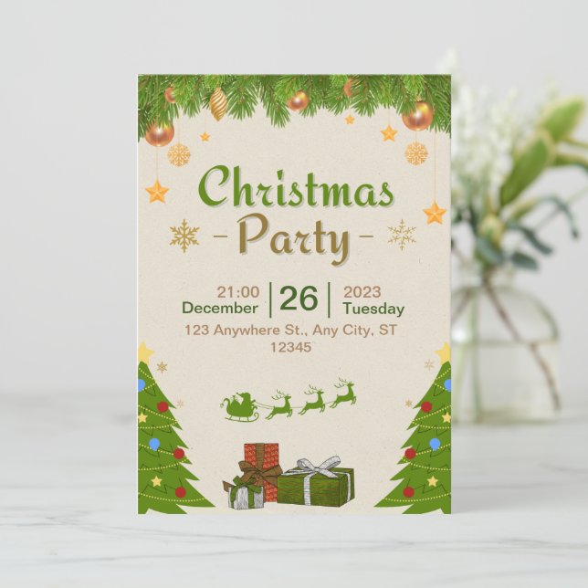 Kommen Sie zu uns für eine Weihnachtsfeier-Party E Einladung (Stehend Vorderseite)