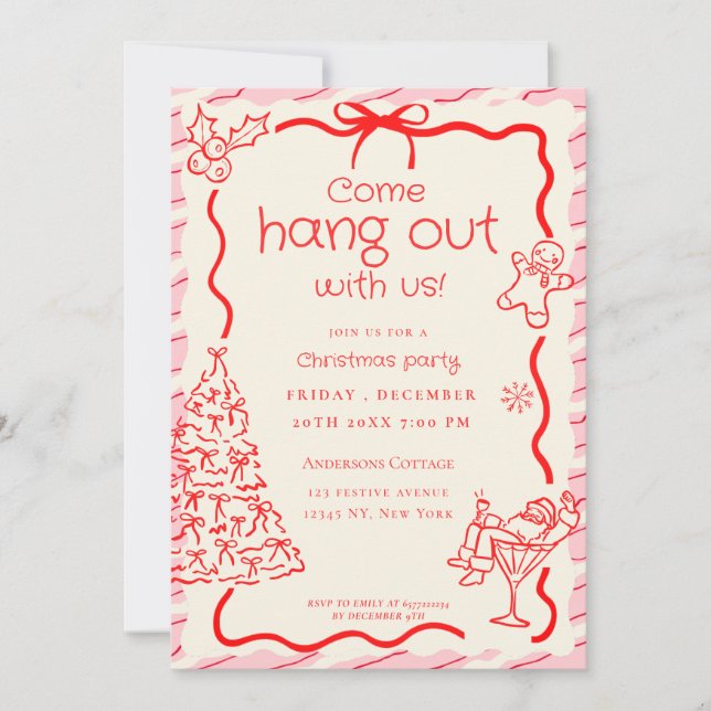 Kommen Sie zum Whimsical Red Pink Christmas Party Einladung (Vorderseite)