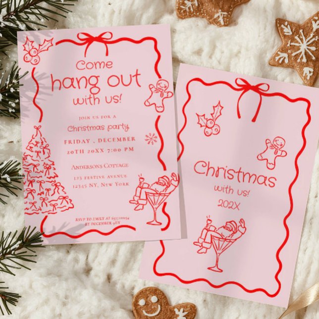 Kommen Sie zum Whimsical Red Pink Christmas Party Einladung (Von Creator hochgeladen)