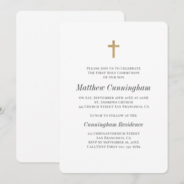 Kommune Boy Minimalistisch mit Imitaten Gold Cross Einladung (Vorne/Hinten)