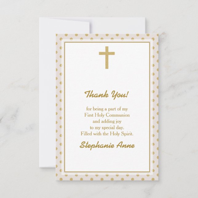 Kommunion Beige mit Gold Polka Dots Einladung (Vorderseite)