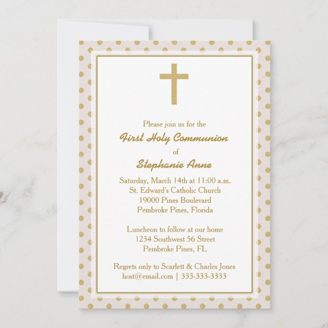 Kommunion Beige mit Gold Polka Dots Einladung (Vorderseite)