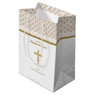 Kommunion Beige mit Gold Polka Dots Mittlere Geschenktüte