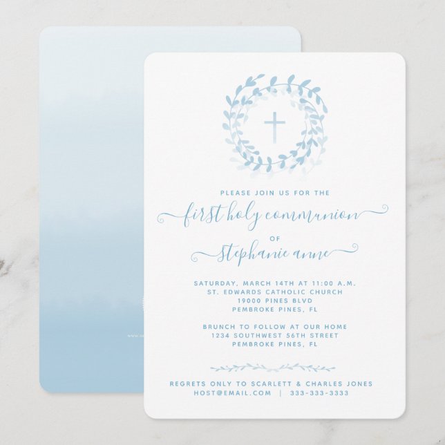 Kommunion Blauer Kranz und Kreuz Einladung (Vorne/Hinten)