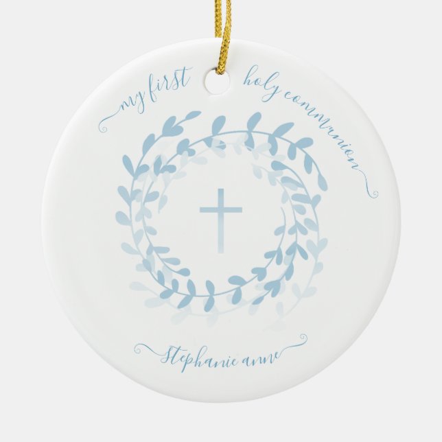 Kommunion Blauer Kranz und Kreuz Keramik Ornament (Vorne)