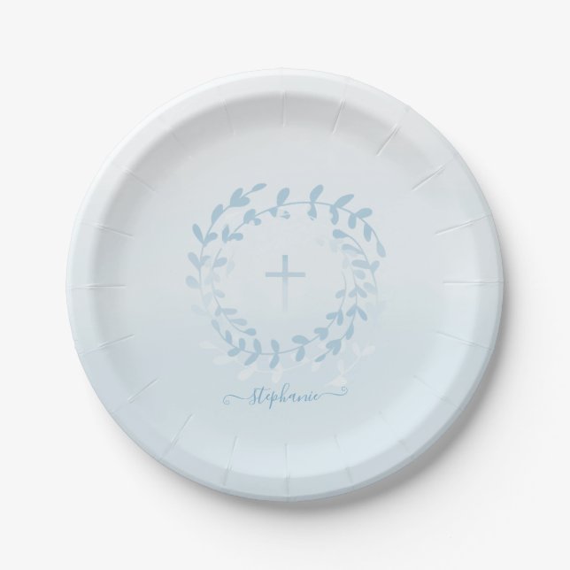 Kommunion Blauer Kranz und Kreuz Pappteller (Vorderseite)