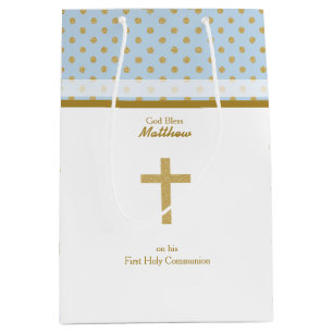 Kommunion Blue mit Gold Polka Dots Mittlere Geschenktüte