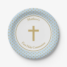 Kommunion Blue mit Gold Polka Dots Pappteller
