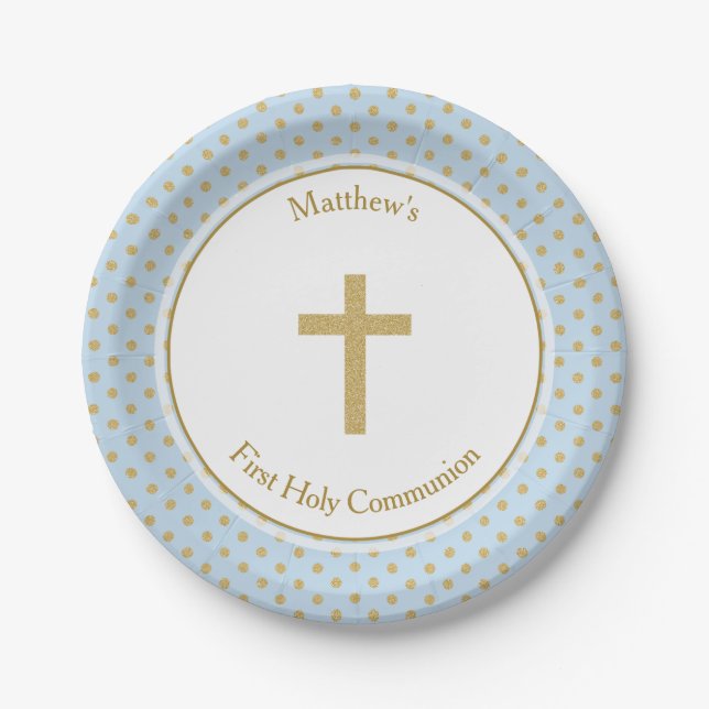 Kommunion Blue mit Gold Polka Dots Pappteller (Vorderseite)