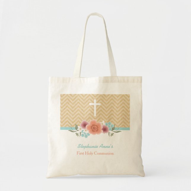 Kommunion Floral Swag in Gold und Aqua Tragetasche (Vorne)