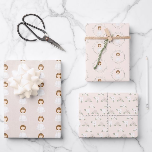 Kommunion Girl Praying Geschenkpapier Set (Vorderseite)