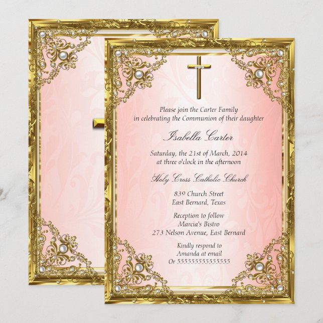 Kommunion Pink Gold Beige Perle Damaskus Kreuz Einladung (Vorne/Hinten)