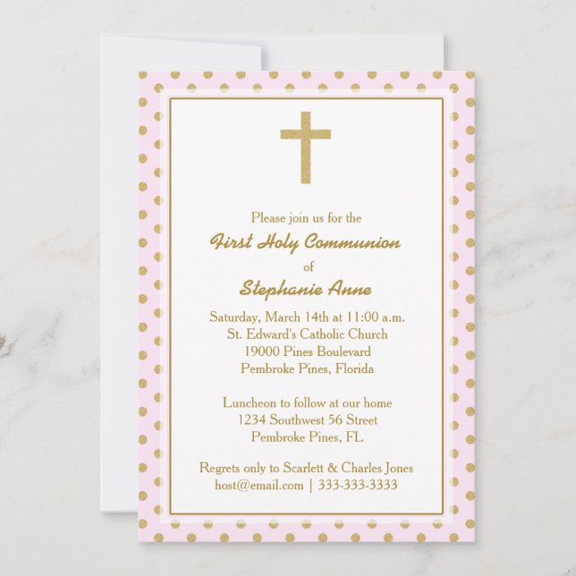Kommunion Pink mit Gold Polka Dots Einladung (Vorderseite)