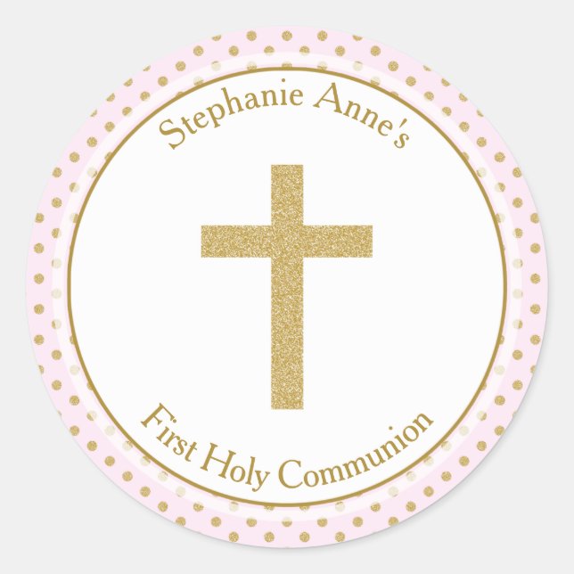 Kommunion Pink mit Gold Polka Dots Runder Aufkleber (Vorderseite)