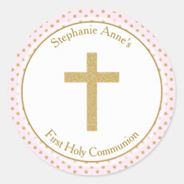 Kommunion Pink mit Gold Polka Dots Runder Aufkleber