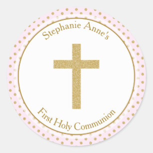 Kommunion Pink mit Gold Polka Dots Runder Aufkleber