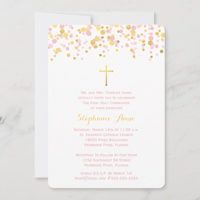 Kommunion Pink und Gold Confetti Einladung (Vorderseite)