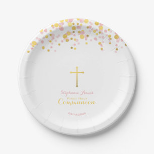 Kommunion Pink und Gold Confetti Pappteller