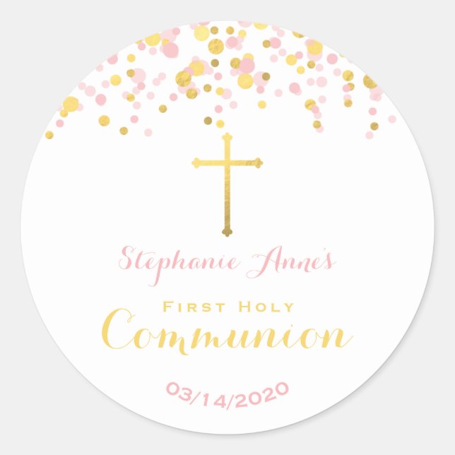 Kommunion Pink und Gold Confetti Runder Aufkleber (Vorderseite)