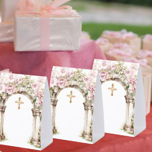 Kommunion Rosa Florale Bögen Kreuz DIY-Tischschild Tischaufsteller