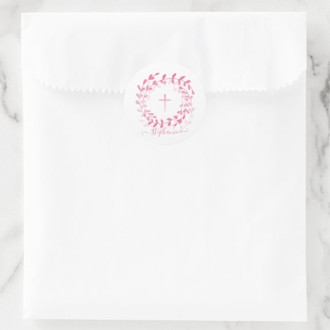 Kommunion Rosa Kranz und Kreuz Runder Aufkleber (Tasche)