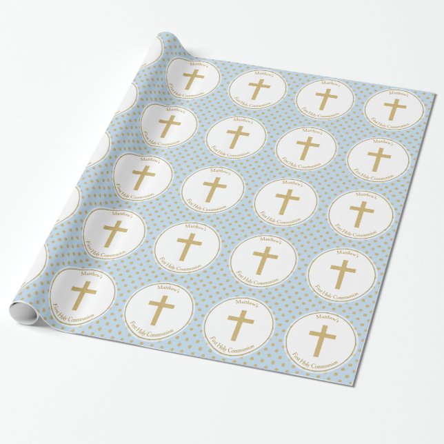 Kommunionblau mit Goldpolka-Punkten Geschenkpapier (Ungerollt)