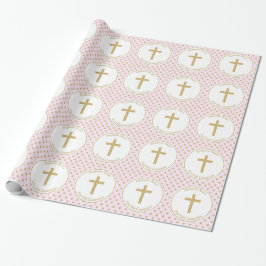 Kommunionenrosa mit Goldpolka-Punkten Geschenkpapier