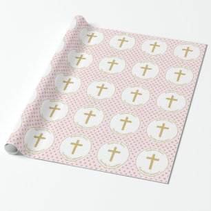 Kommunionenrosa mit Goldpolka-Punkten Geschenkpapier
