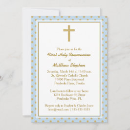 Kommunions-Blau mit GoldTupfen Einladung