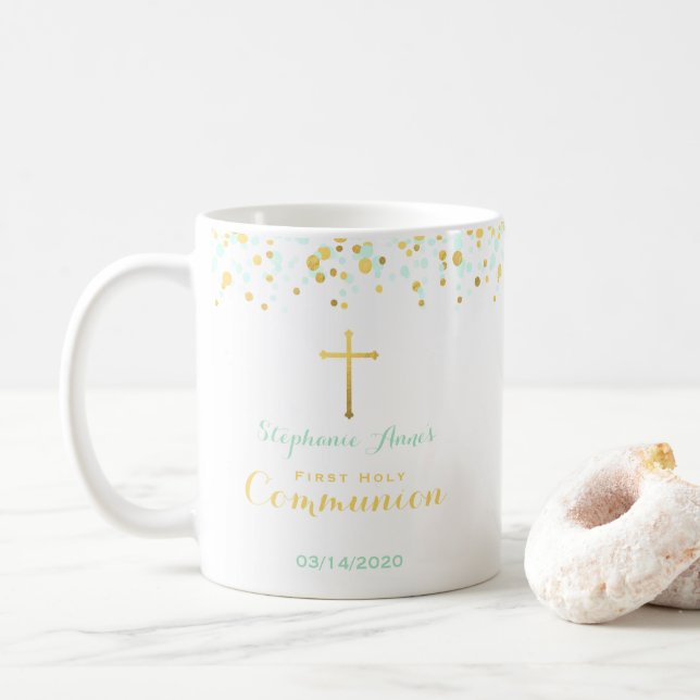 Kommunions-Minzeund GoldConfetti Kaffeetasse (Mit Donut)