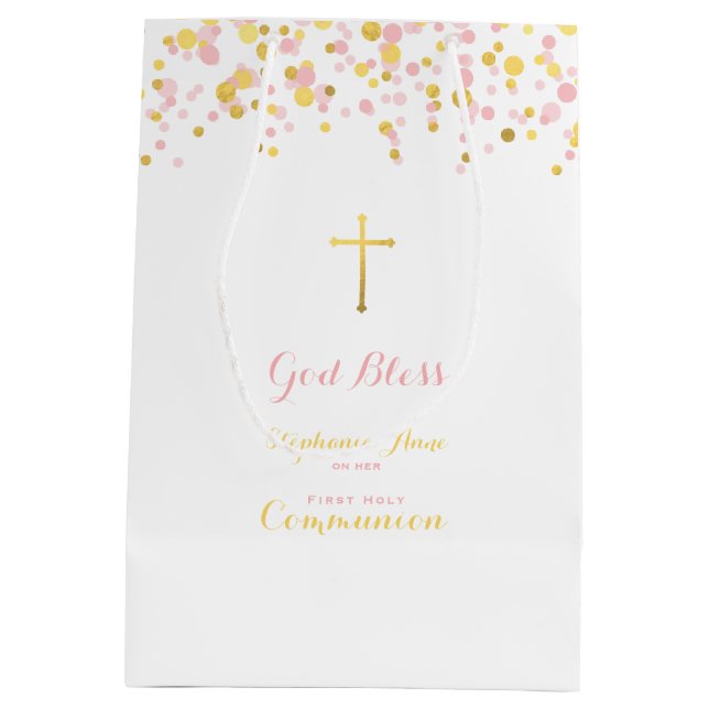 Kommunions-Rosa und GoldConfetti Mittlere Geschenktüte (Rückseite)