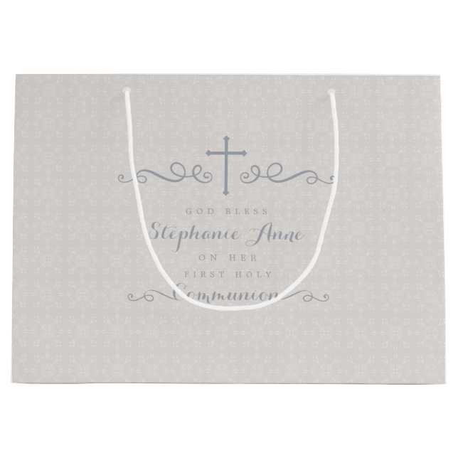 Kommunions-verziertes Kreuz im Taupe-Blumenmuster Große Geschenktüte (Vorderseite)