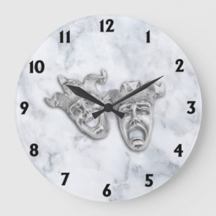 Komödien-und Tragödie-Theater-Masken-Weiß-Marmo Große Wanduhr
