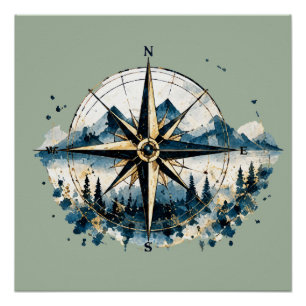 Kompass in Blau und Gold – Weltenbummler Poster