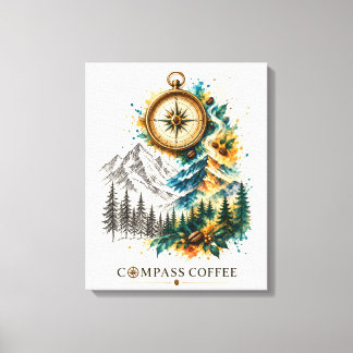 Kompass-Kaffee-Berglandschaft-Wandkunst Leinwanddruck