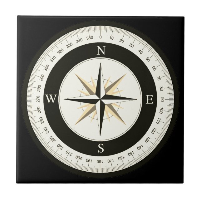 Kompass Rose Schwarz und Weiß Nautik Fliese (Vorderseite)