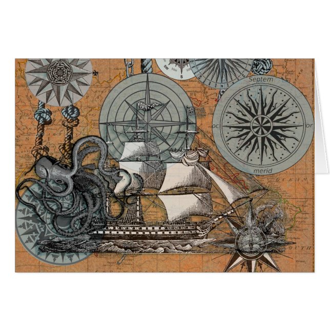 Kompass-Rose Vintager Nautischer Oktopus (Vorderseite (Horizontal))