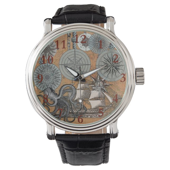 Kompass-Rose Vintages Nautical Octopus-Schiff Armbanduhr (Vorderseite)