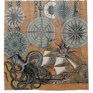 Kompass-Rose Vintages Nautical Octopus-Schiff Duschvorhang