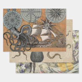 Kompass-Rose Vintages Nautical Octopus-Schiff Geschenkpapier Set