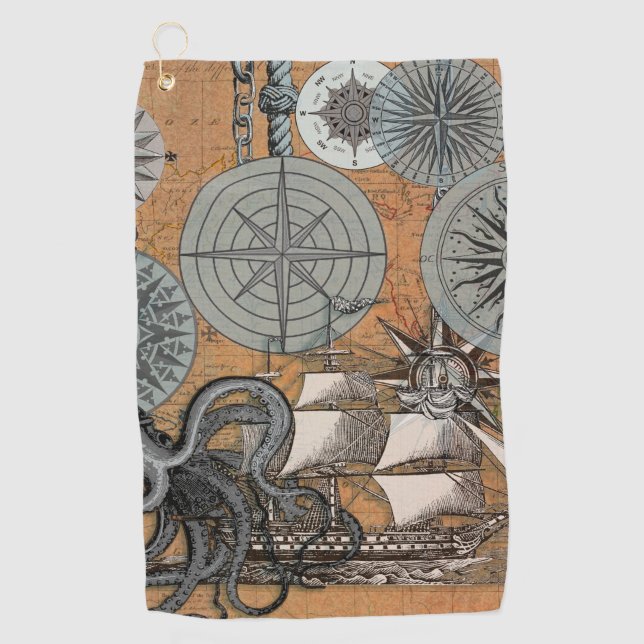 Kompass-Rose Vintages Nautical Octopus-Schiff Golfhandtuch (Vorderseite)