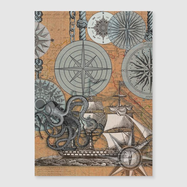 Kompass-Rose Vintages Nautical Octopus-Schiff Magnetkarte (Vorderseite)