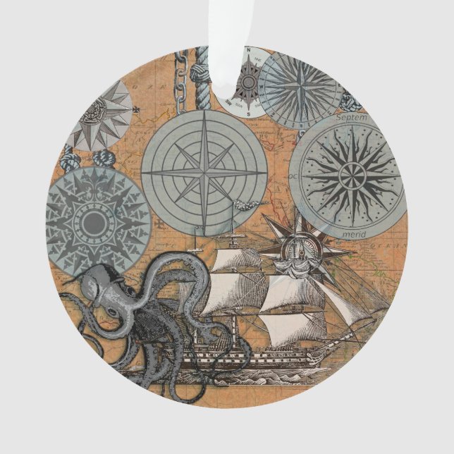Kompass-Rose Vintages Nautical Octopus-Schiff Ornament (Vorderseite)