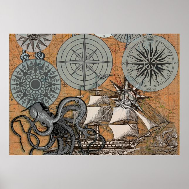 Kompass-Rose Vintages Nautical Octopus-Schiff Poster (Vorne)