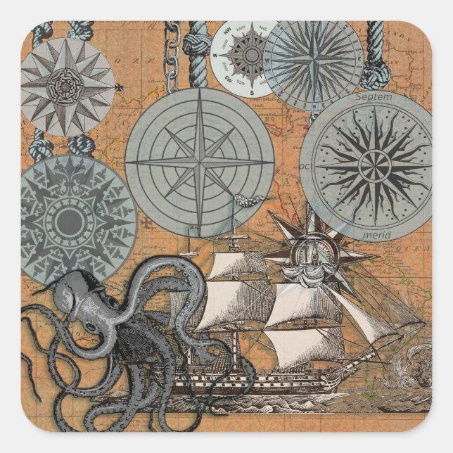 Kompass-Rose Vintages Nautical Octopus-Schiff Quadratischer Aufkleber (Vorderseite)