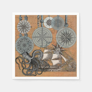 Kompass-Rose Vintages Nautical Octopus-Schiff Serviette