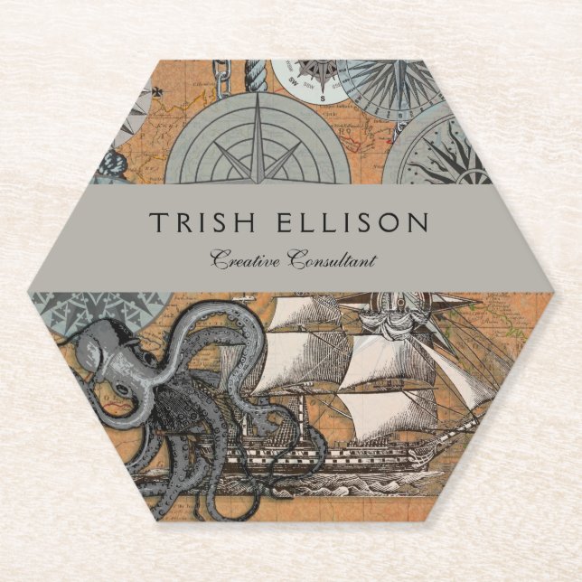 Kompass-Rose Vintages Nautical Octopus-Schiff Untersetzer (Vorderseite)